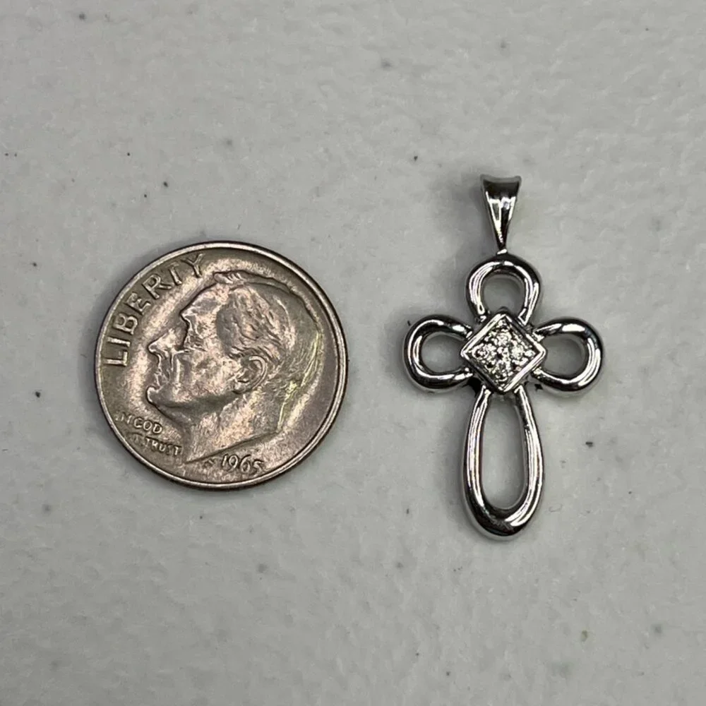 Small Cross Silver-Tone Pendant With Cubic Zirconia Accents - Picture 5 of 9